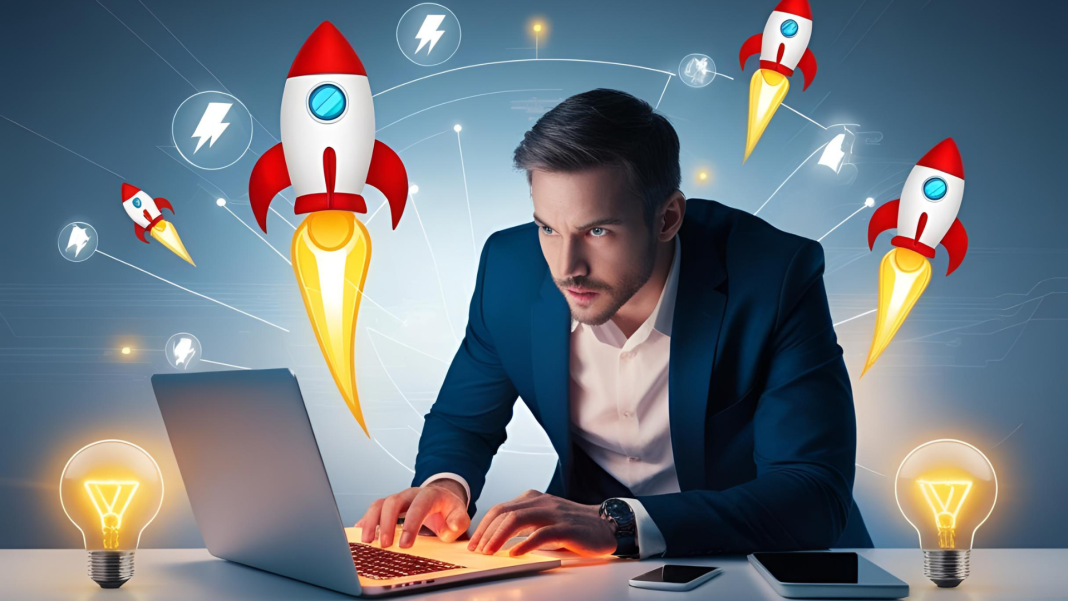 entrepreneur-launching-a-startup-glowing-laptop-rocket-icons-lightbulb-tech-background-modern-and-inspiring-style